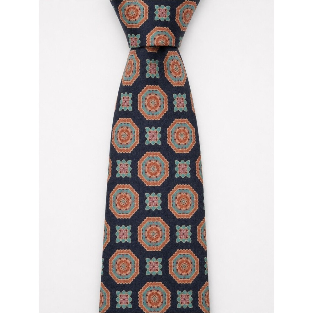 Christian Dior Silk Tie Navy Orange Geometric Medallion Vintage Classic